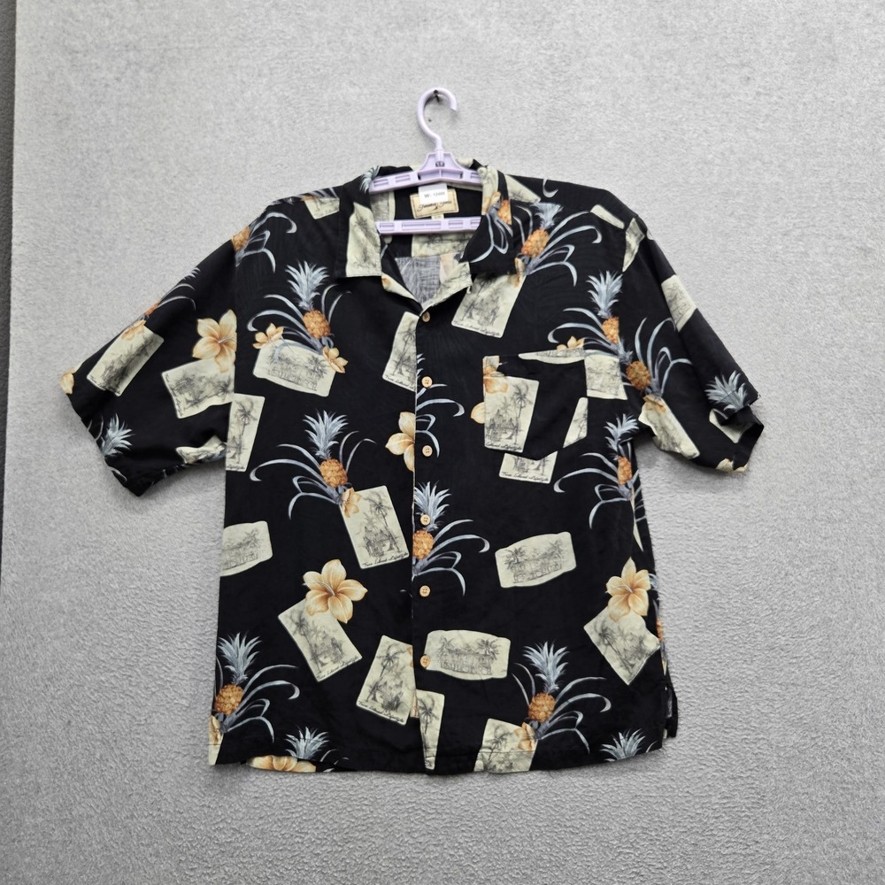 Jamaica Jaxx Men Button Up Shirt XL/EG Black Silk Shirt Floral Pineapples